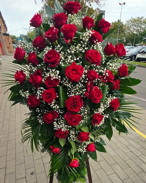 Wieniec z bordowych róż i białej gipsówki: Wieniec z bordowych róż przełamanych białą gipsówką na zieleni palmowej. Kwiaciarnia Bukieteria Gorzów Wielkopolski